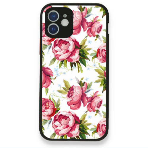 Apple iPhone 12 Pink Roses Black Glossy Θήκη
