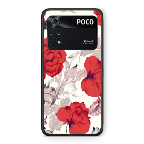 Xiaomi Poco M4 Pro 4G Red Flowers Black Glossy Θήκη