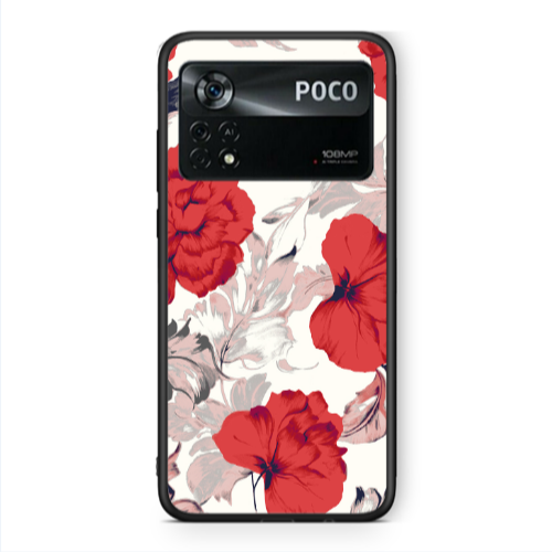 Xiaomi Poco X4 Pro Red Flowers Black Glossy Θήκη