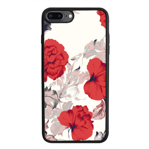 Apple iPhone 7 Plus Red Flowers Black Glossy Θήκη