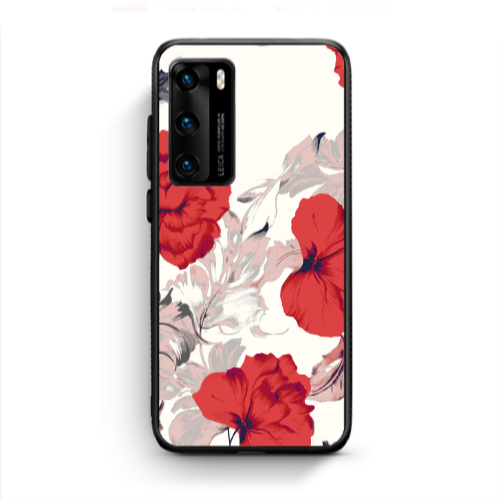 Huawei P40 Red Flowers Black Glossy Θήκη
