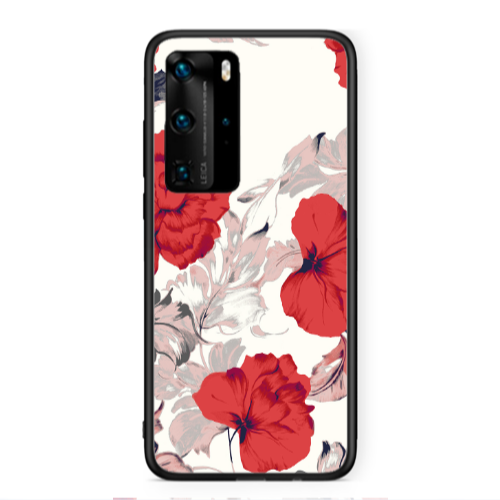 Huawei P40 Pro Red Flowers Black Glossy Θήκη