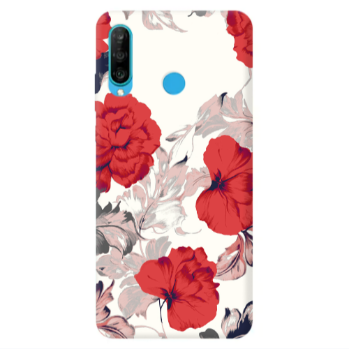 Huawei P30 Lite Red Flowers Transparent Silicone TPU Θήκη