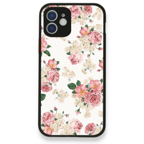 Apple iPhone 12 Pink Flowers 2 Black Glossy Θήκη