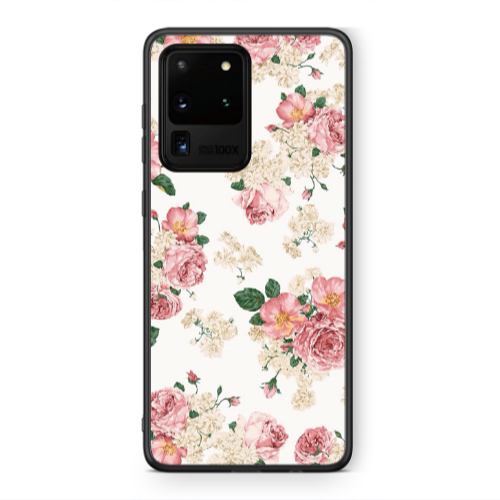 Samsung S20 Ultra Pink Flowers 2 Black Glossy Θήκη