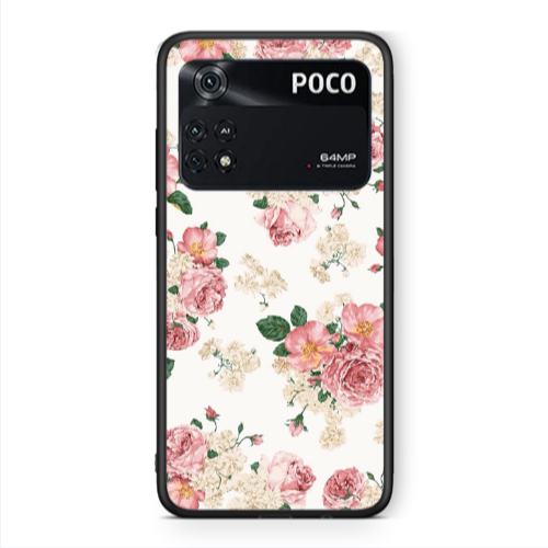 Xiaomi Poco M4 Pro 4G Pink Flowers 2 Black Glossy Θήκη