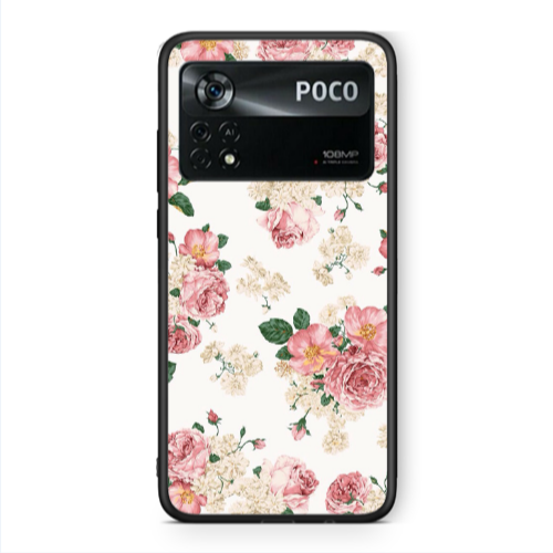 Xiaomi Poco X4 Pro Pink Flowers 2 Black Glossy Θήκη