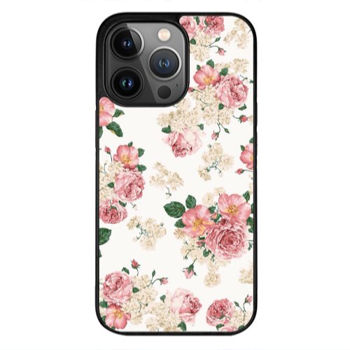 Apple iPhone 12 Pro Max Pink Flowers 2 Black Glossy Θήκη