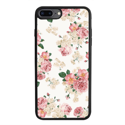 Apple iPhone 7 Plus Pink Flowers 2 Black Glossy Θήκη