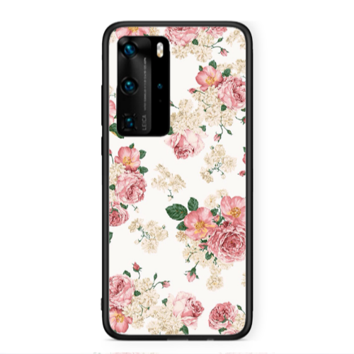 Huawei P40 Pro Pink Flowers 2 Black Glossy Θήκη