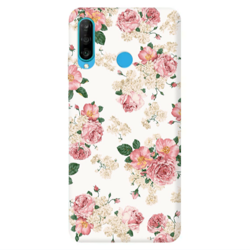 Huawei P30 Lite Pink Flowers 2 Transparent Silicone TPU Θήκη