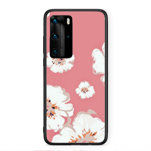 Huawei P40 Pro White Flowers Black Glossy Θήκη