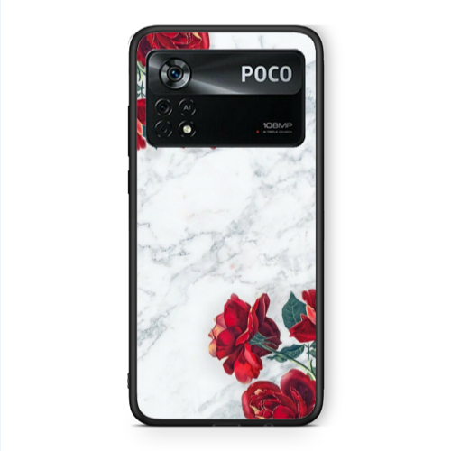Xiaomi Poco X4 Pro Marble and roses Black Glossy Θήκη