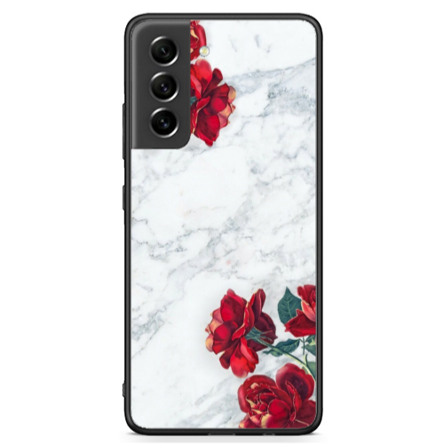 Samsung S21 FE Marble and roses Black Glossy Θήκη