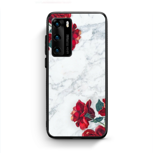 Huawei P40 Marble and roses Black Glossy Θήκη