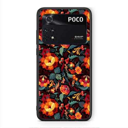 Xiaomi Poco M4 Pro 4G Orange flowers Black Glossy Θήκη