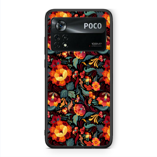 Xiaomi Poco X4 Pro Orange flowers Black Glossy Θήκη