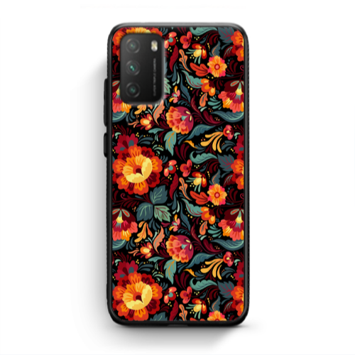 Xiaomi Poco M3 Orange flowers Black Glossy Θήκη