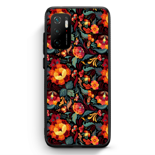Xiaomi Poco M3 Pro Orange flowers Black Glossy Θήκη