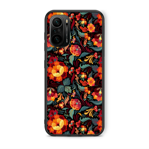 Xiaomi Poco F3 Orange flowers Black Glossy Θήκη