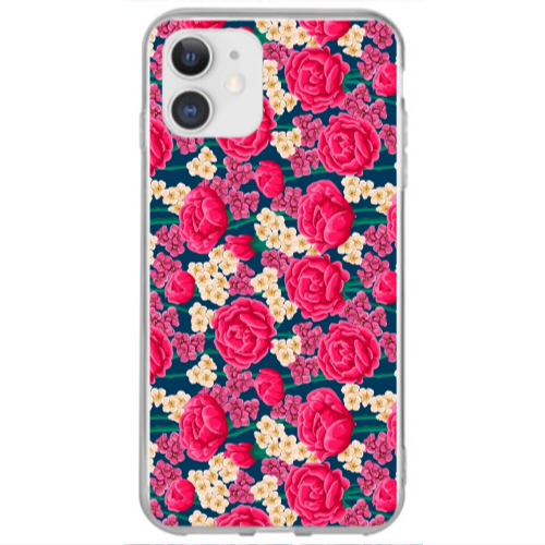Apple iPhone 12 Red and pink Flowers Transparent Silicone TPU Θήκη