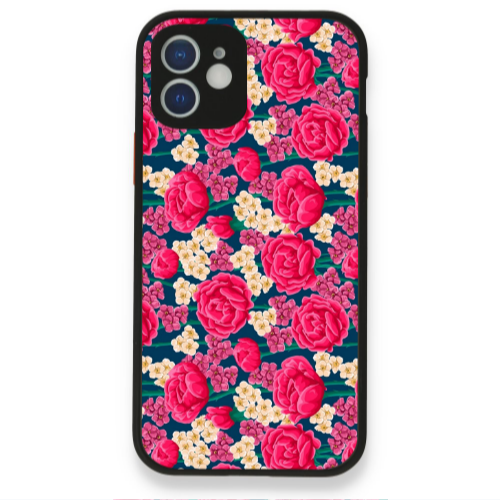 Apple iPhone 12 Red and pink Flowers Black Glossy Θήκη