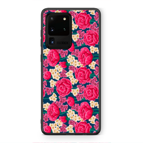 Samsung S20 Ultra Red and pink Flowers Black Glossy Θήκη