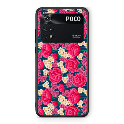 Xiaomi Poco M4 Pro 4G Red and pink Flowers Black Glossy Θήκη