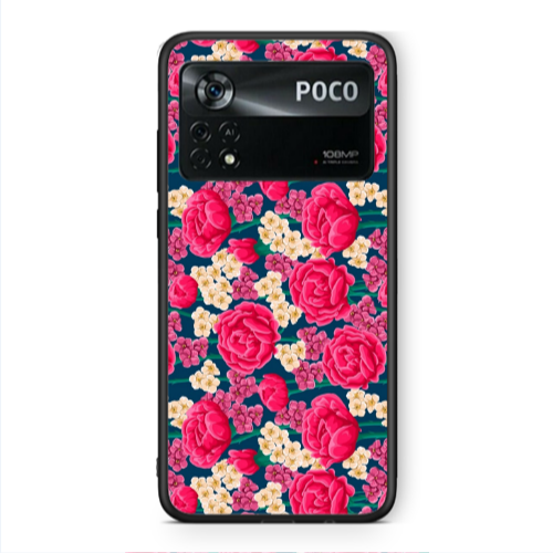 Xiaomi Poco X4 Pro Red and pink Flowers Black Glossy Θήκη
