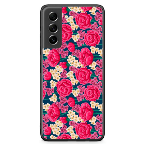 Samsung S21 FE Red and pink Flowers Black Glossy Θήκη