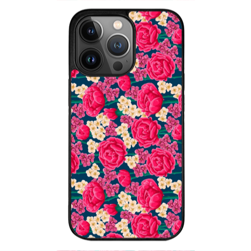 Apple iPhone 12 Pro Max Red and pink Flowers Black Glossy Θήκη