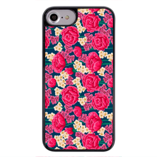 Apple iPhone 7 Red and pink Flowers Black Glossy Θήκη
