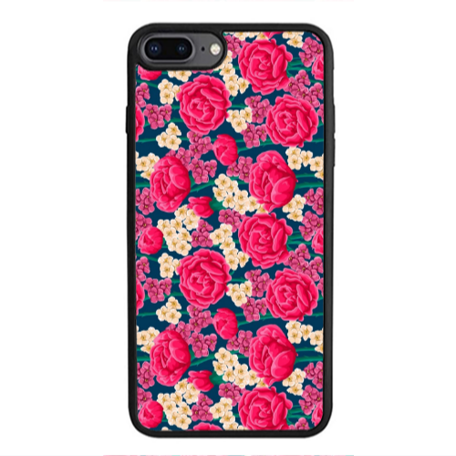 Apple iPhone 7 Plus Red and pink Flowers Black Glossy Θήκη