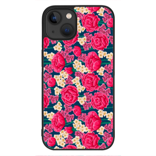 Apple iPhone 13 Mini Red and pink Flowers Black Glossy Θήκη