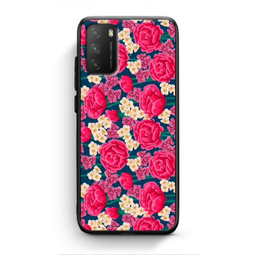 Xiaomi Poco M3 Red and pink Flowers Black Glossy Θήκη