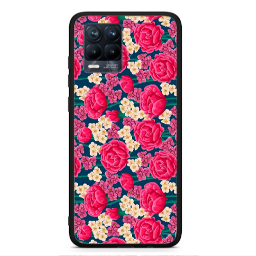 Realme 8  Red and pink Flowers Black Glossy Θήκη