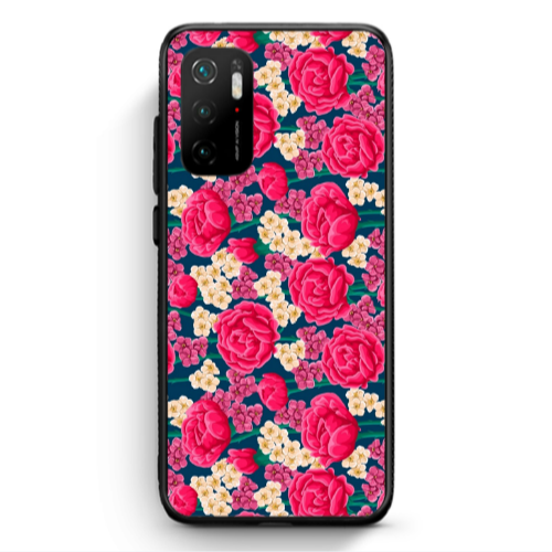 Xiaomi Poco M3 Pro Red and pink Flowers Black Glossy Θήκη