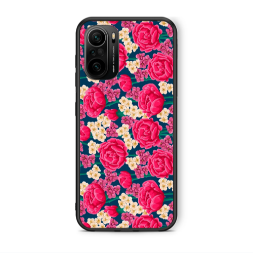 Xiaomi Poco F3 Red and pink Flowers Black Glossy Θήκη