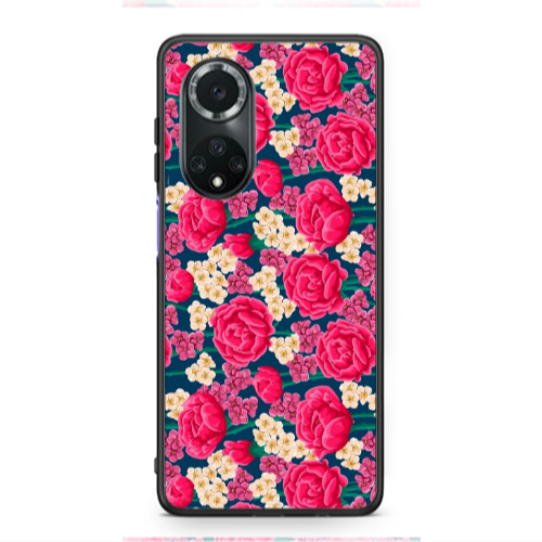 Huawei Nova 9 Red and pink Flowers Black Glossy Θήκη