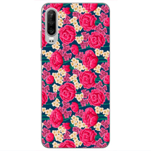 Huawei P30 Red and pink Flowers Transparent Silicone TPU Θήκη