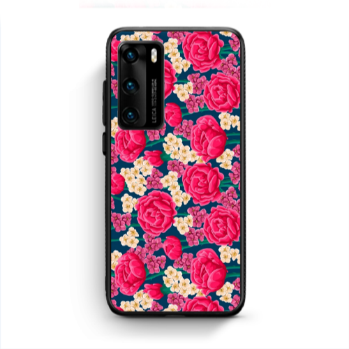 Huawei P40 Red and pink Flowers Black Glossy Θήκη