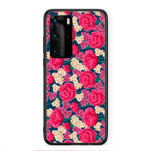 Huawei P40 Pro Red and pink Flowers Black Glossy Θήκη