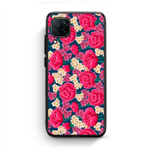 Huawei P40 Lite Red and pink Flowers Black Glossy Θήκη