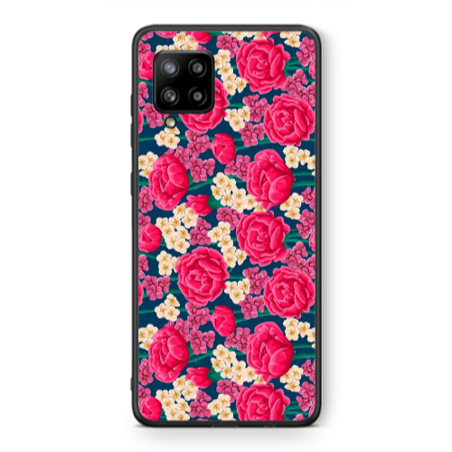Samsung A42 5G Red and pink Flowers Black Glossy Θήκη