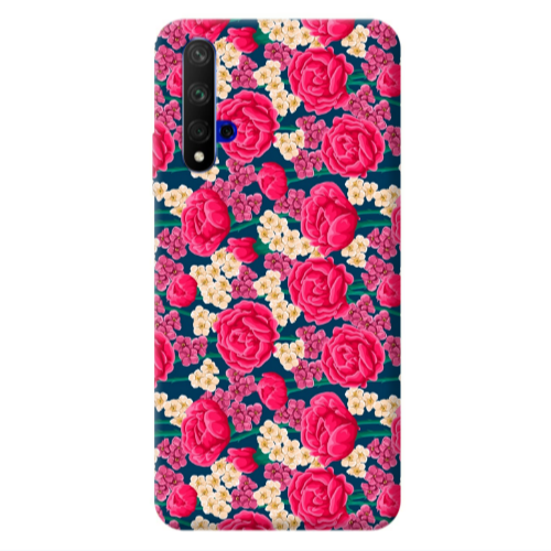 Huawei Nova 5 T Red and pink Flowers Transparent Silicone TPU Θήκη