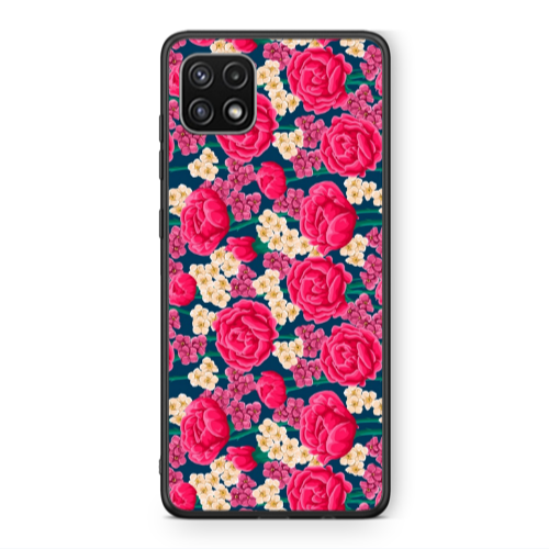 Samsung A22 5G Red and pink Flowers Black Glossy Θήκη