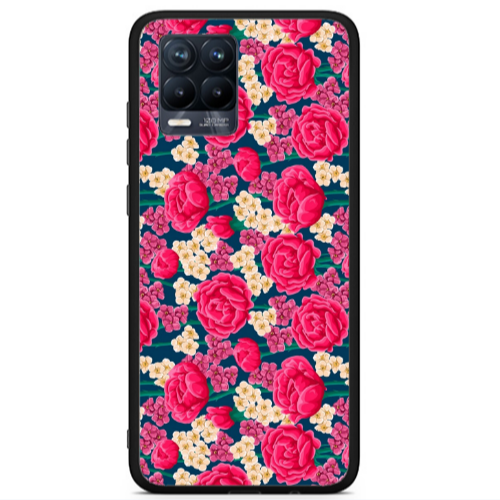 Realme 8 i Red and pink Flowers Black Glossy Θήκη