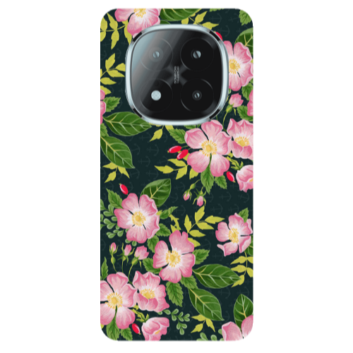 Xiaomi Redmi Note 14 Pro + 5g Pink flowers green laves Transparent Silicone TPU Θήκη