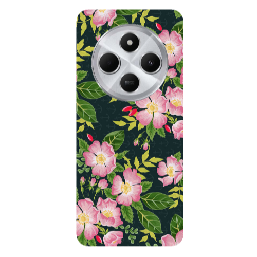 Xiaomi Redmi 14c Pink flowers green laves Transparent Silicone TPU Θήκη