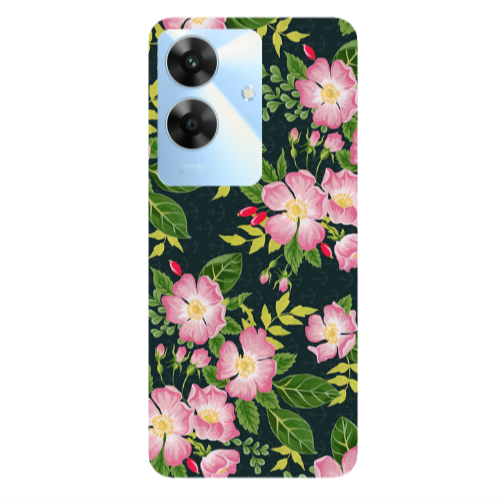Realme Note 60 Pink flowers green laves Transparent Silicone TPU Θήκη